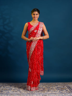 By Bandhani Saree With Elegant Peturn Work