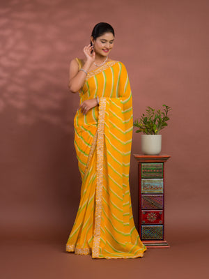 By Latest New Chiffon Leheriya Style With Embroidery Border Work Saree