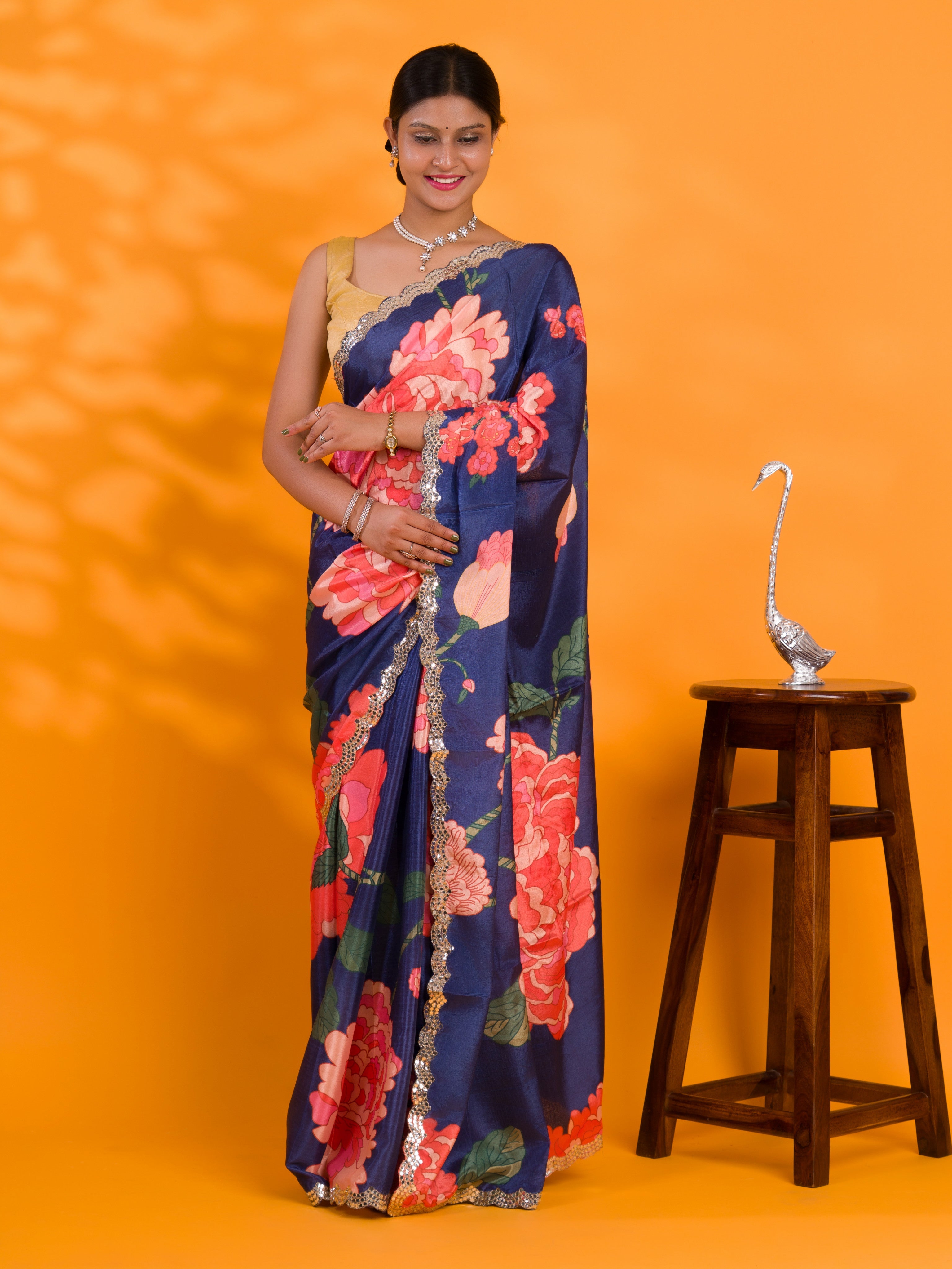 Tanmira Chinon Crape Floral Print Gotapatti Cutwork Border Sarees sana Navy Blue