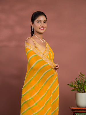 By Latest New Chiffon Leheriya Style With Embroidery Border Work Saree