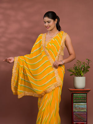 By Latest New Chiffon Leheriya Style With Embroidery Border Work Saree