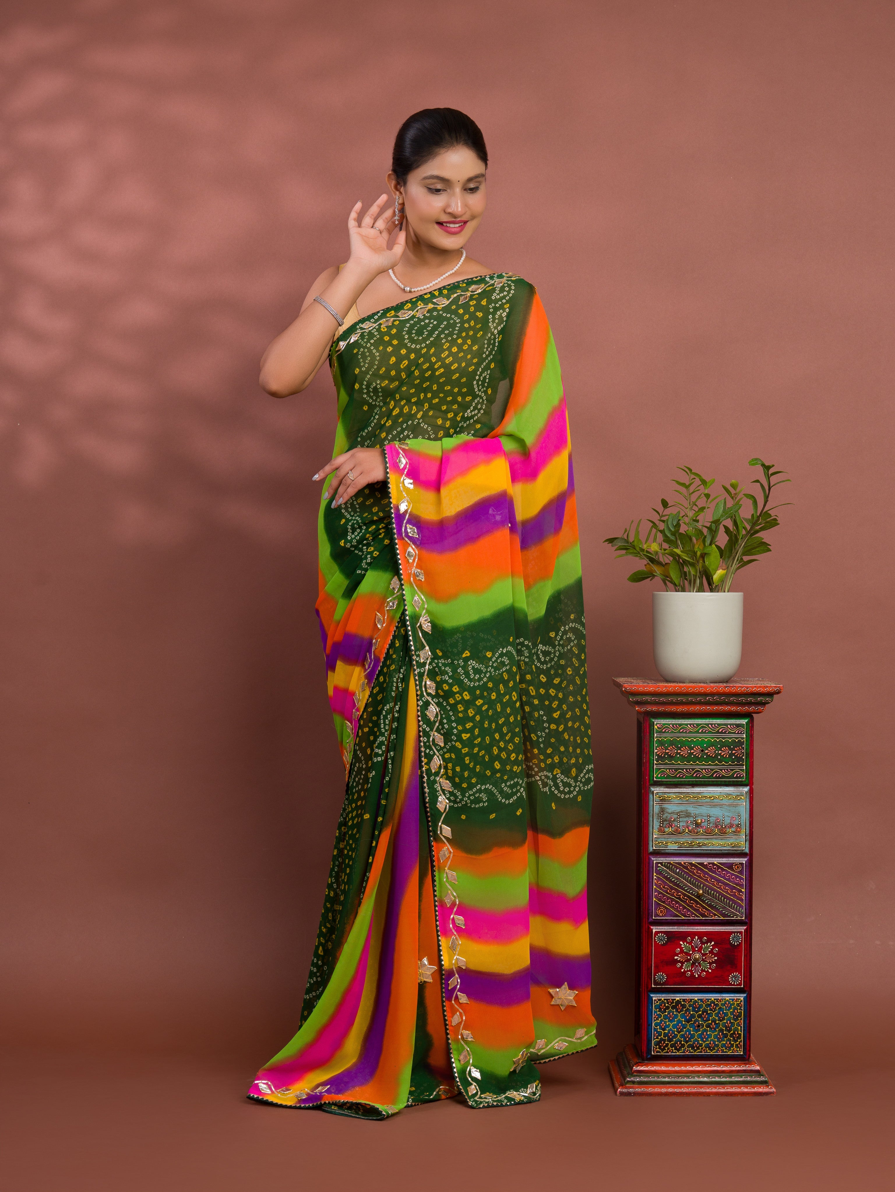 Tanmira New Beautiful Chiffon Leheriya Style With Gotapatti Work Saree MHS