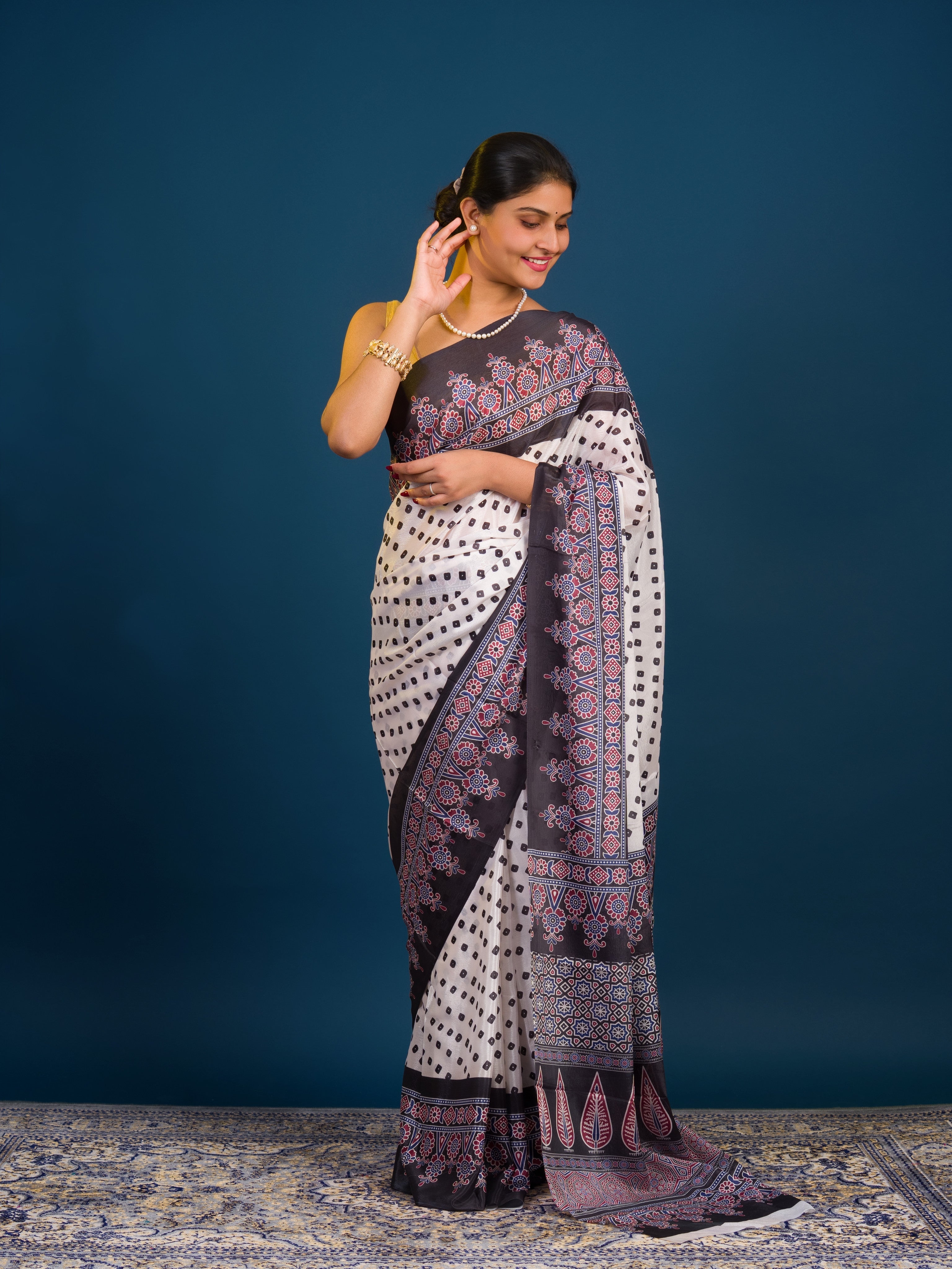 Tanmira New Latest Creap Silk Bandhani with Ajrakh Style With Office Wear Saree ASH