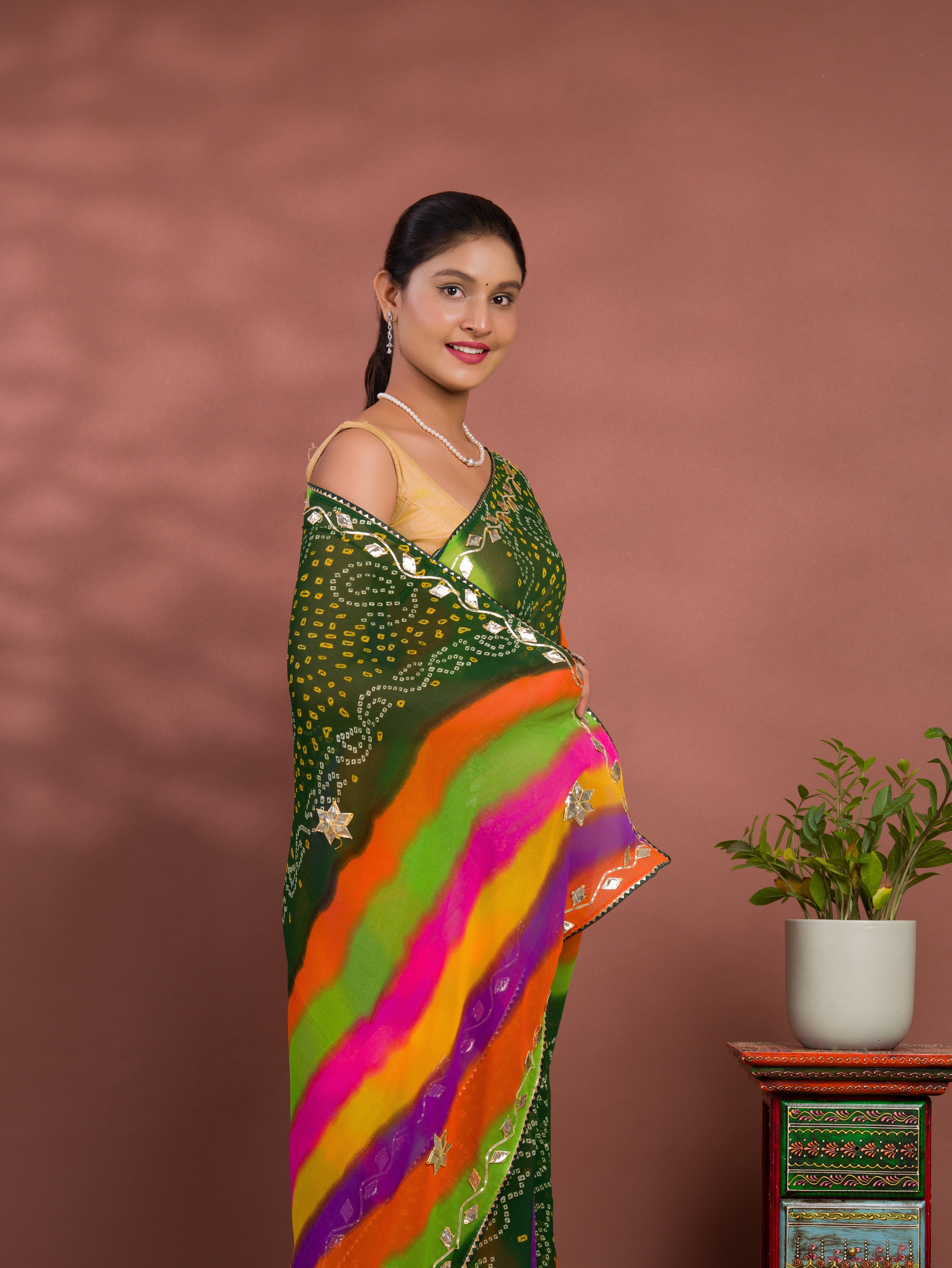 Tanmira New Beautiful Chiffon Leheriya Style With Gotapatti Work Saree MHS