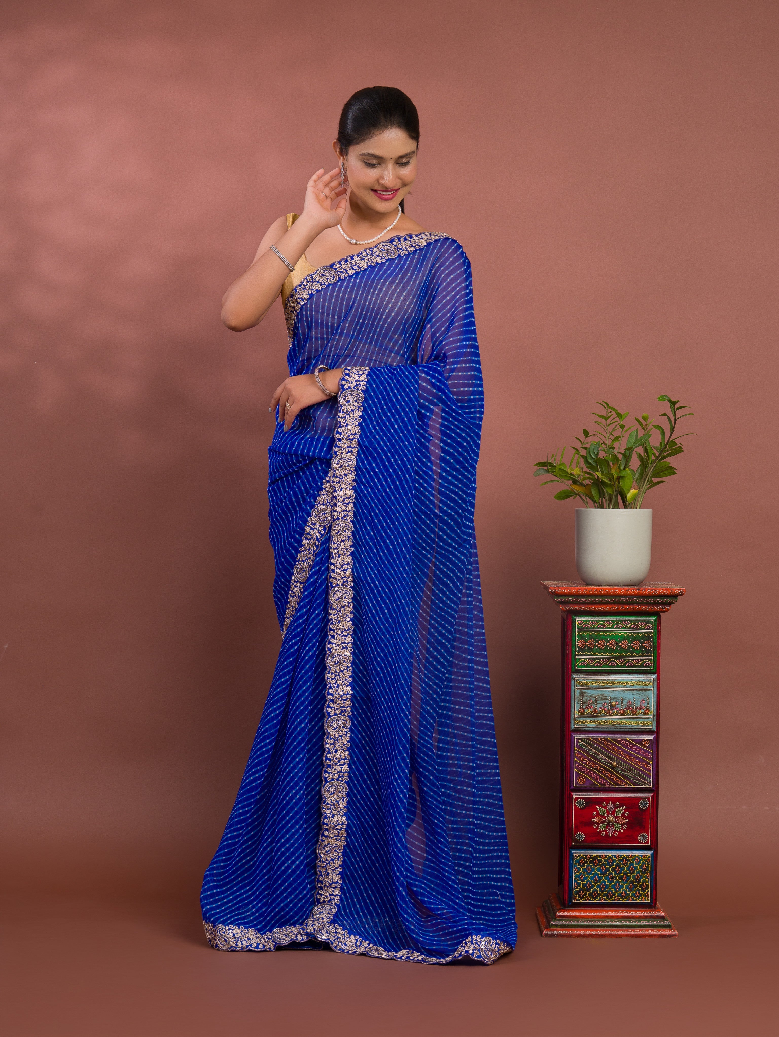 By New Spiceal Chiffon Leheriya Style With Embroidery Border Work Saree