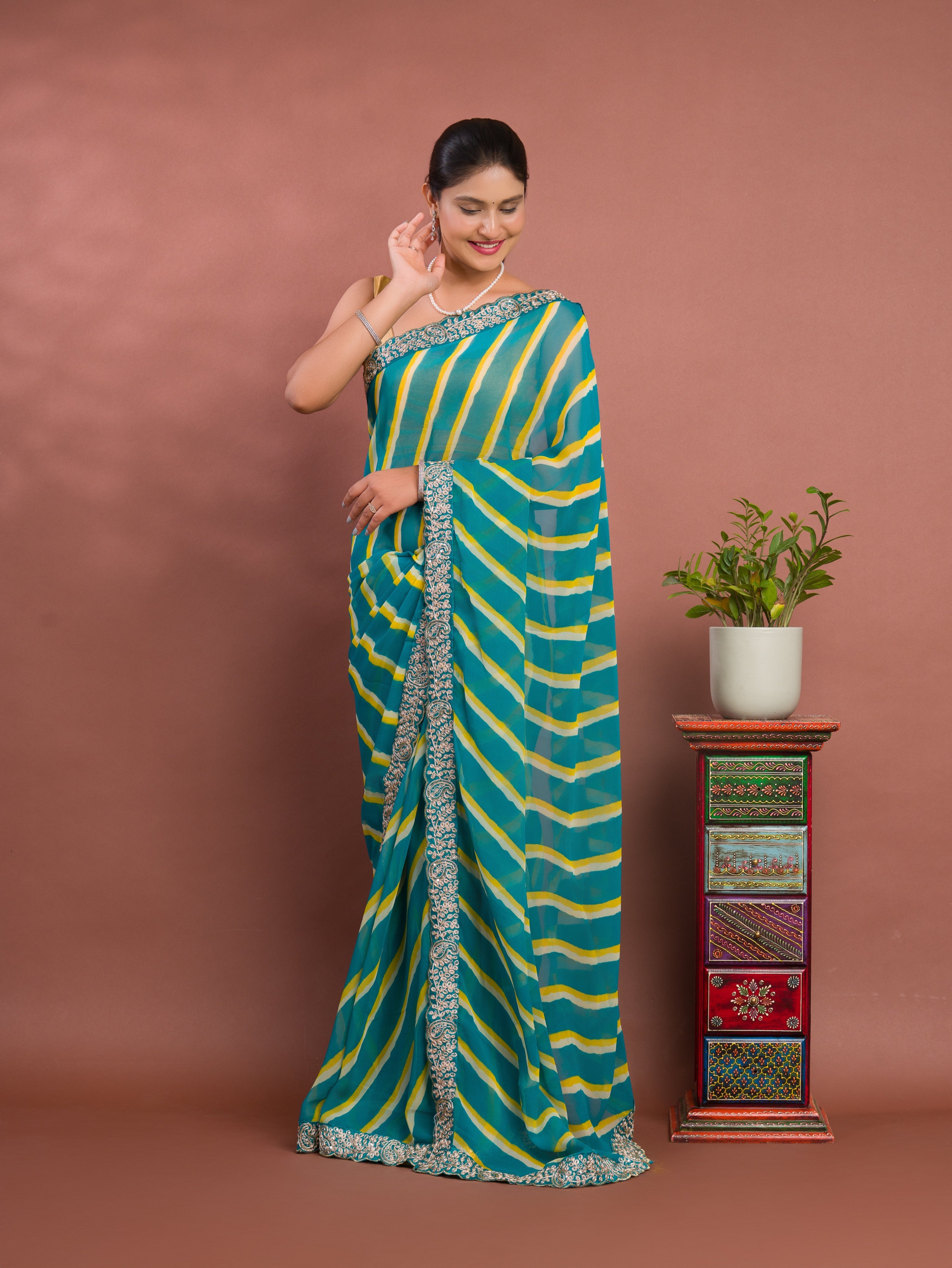 Tanmira New Beautiful Chiffon Leheriya Style With Embroidery Border Work Saree STL
