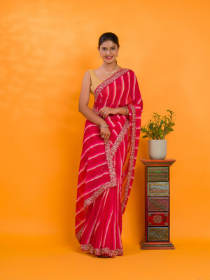 Chiffon Leheriya Style With Embroidery Border Work Saree in pink colour