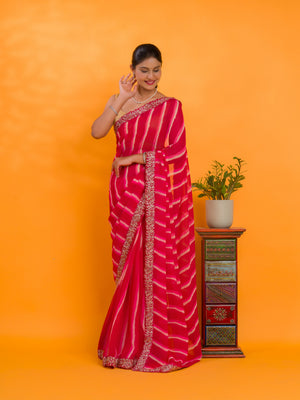 Chiffon Leheriya Style With Embroidery Border Work Saree in pink colour