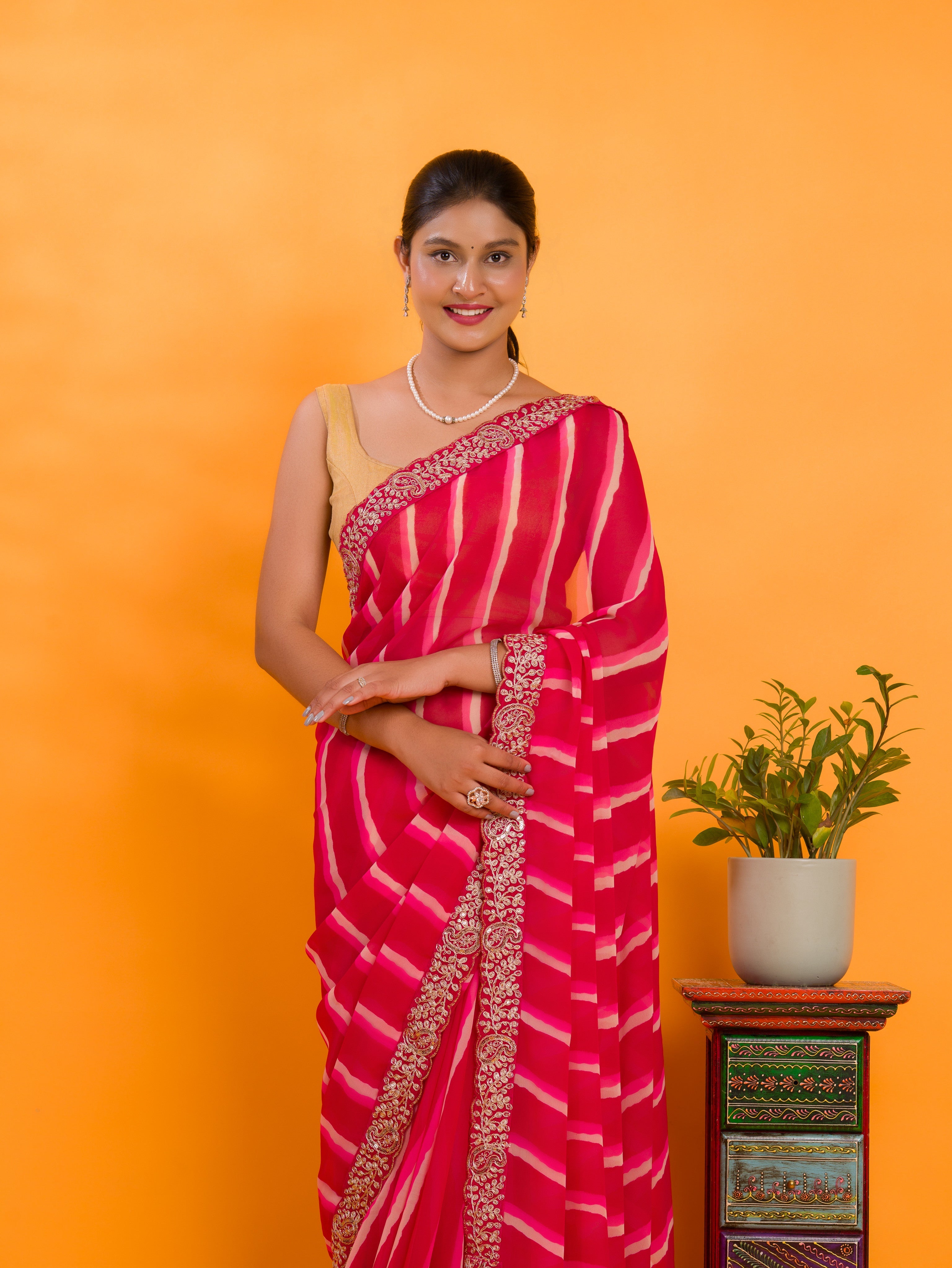 Tanmira New Chiffon Leheriya Style With Embroidery Border Work Saree STL