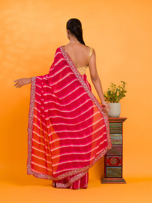 Chiffon Leheriya Style With Embroidery Border Work Saree in pink colour