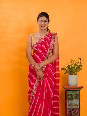 Chiffon Leheriya Style With Embroidery Border Work Saree in pink colour