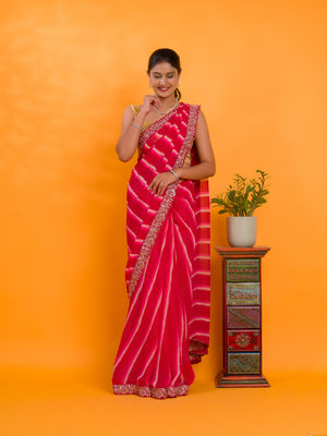 Chiffon Leheriya Style With Embroidery Border Work Saree in pink colour