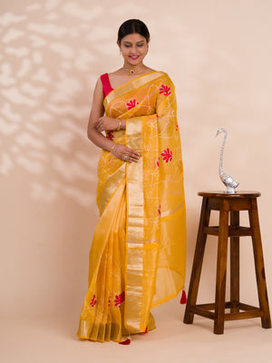 Kashida work saree in yellow colour