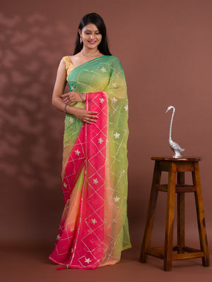 A green and pink saree with white gotapati work under 1000