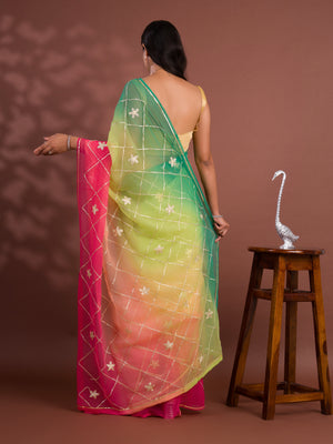 A green and pink saree with white gotapati work under 1000
