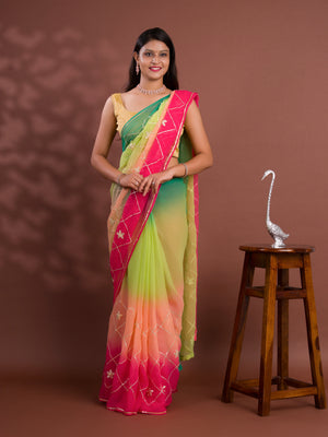 A green and pink saree with white gotapati work under 1000