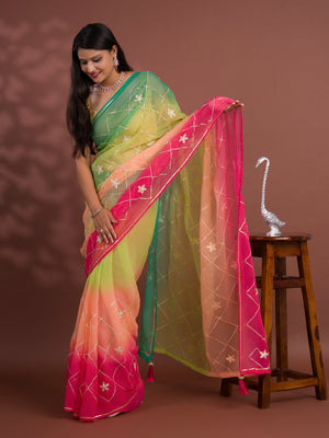 A green and pink saree with white gotapati work under 1000