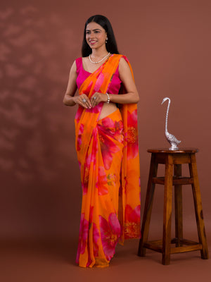 A vibrant orange and pink floral saree Georgette Flower Printed Style