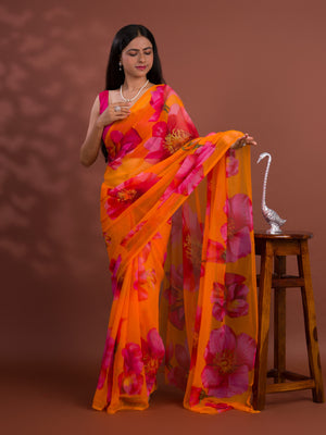 A vibrant orange and pink floral saree Georgette Flower Printed Style