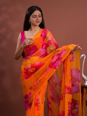 A vibrant orange and pink floral saree Georgette Flower Printed Style