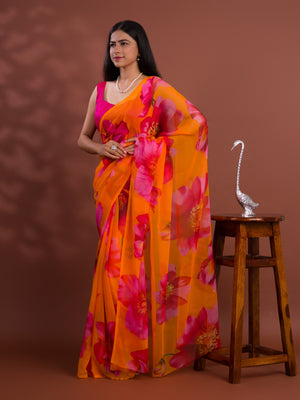 A vibrant orange and pink floral saree Georgette Flower Printed Style