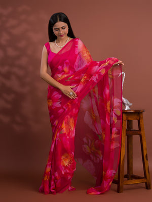 A vibrant pink saree with floral patterns Georgette Flower Printed Style