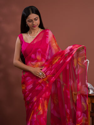 A vibrant pink saree with floral patterns Georgette Flower Printed Style