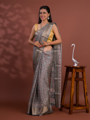 Cotton silk Ajrakh style Saree under 1000