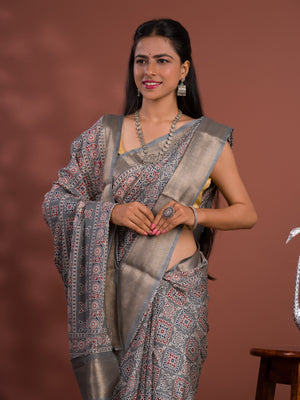 Cotton silk Ajrakh style Saree under 1000