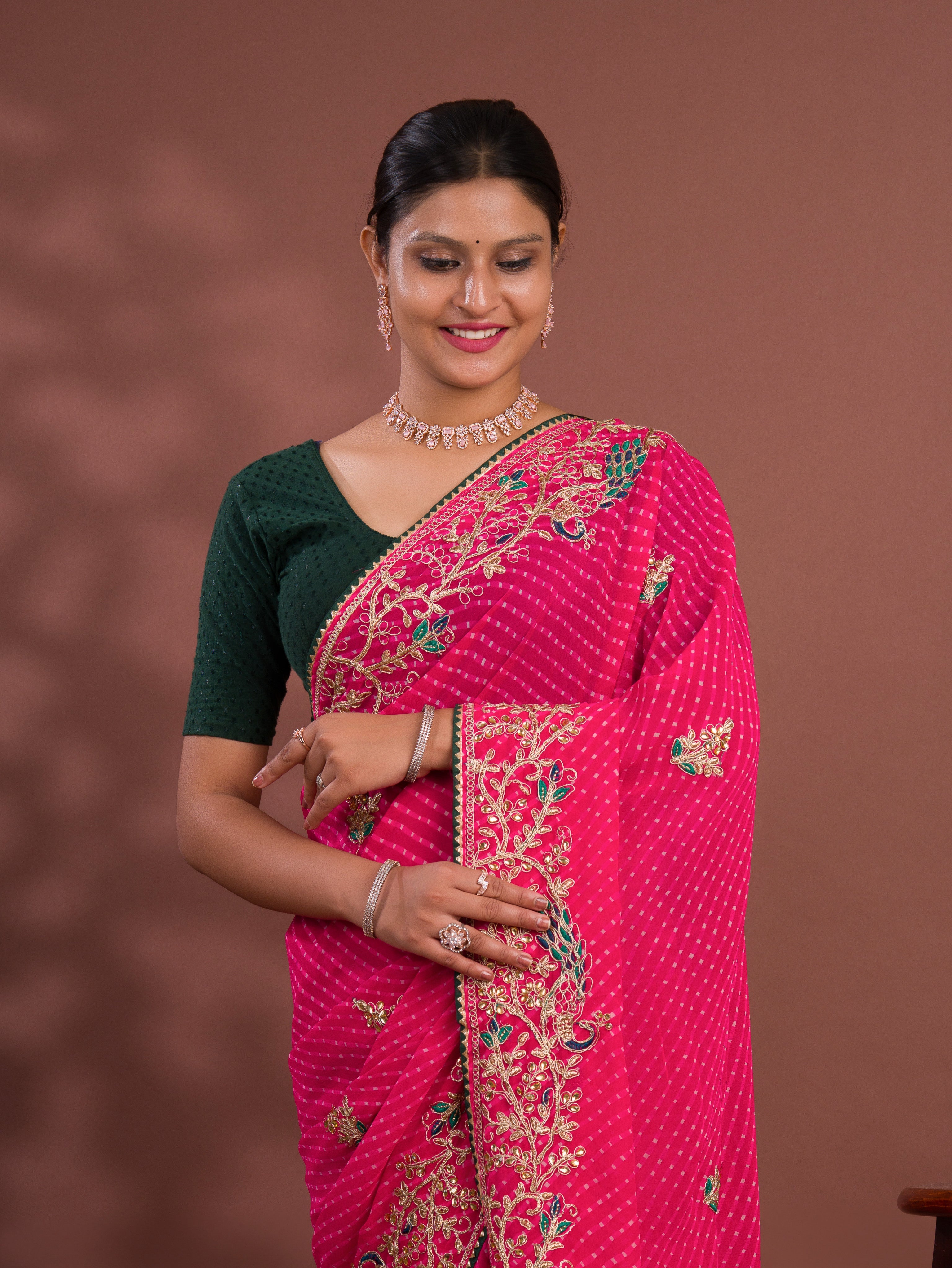 Tanmira Pure Georgette Mothda Leheriya With Beautiful Embroidery Saree