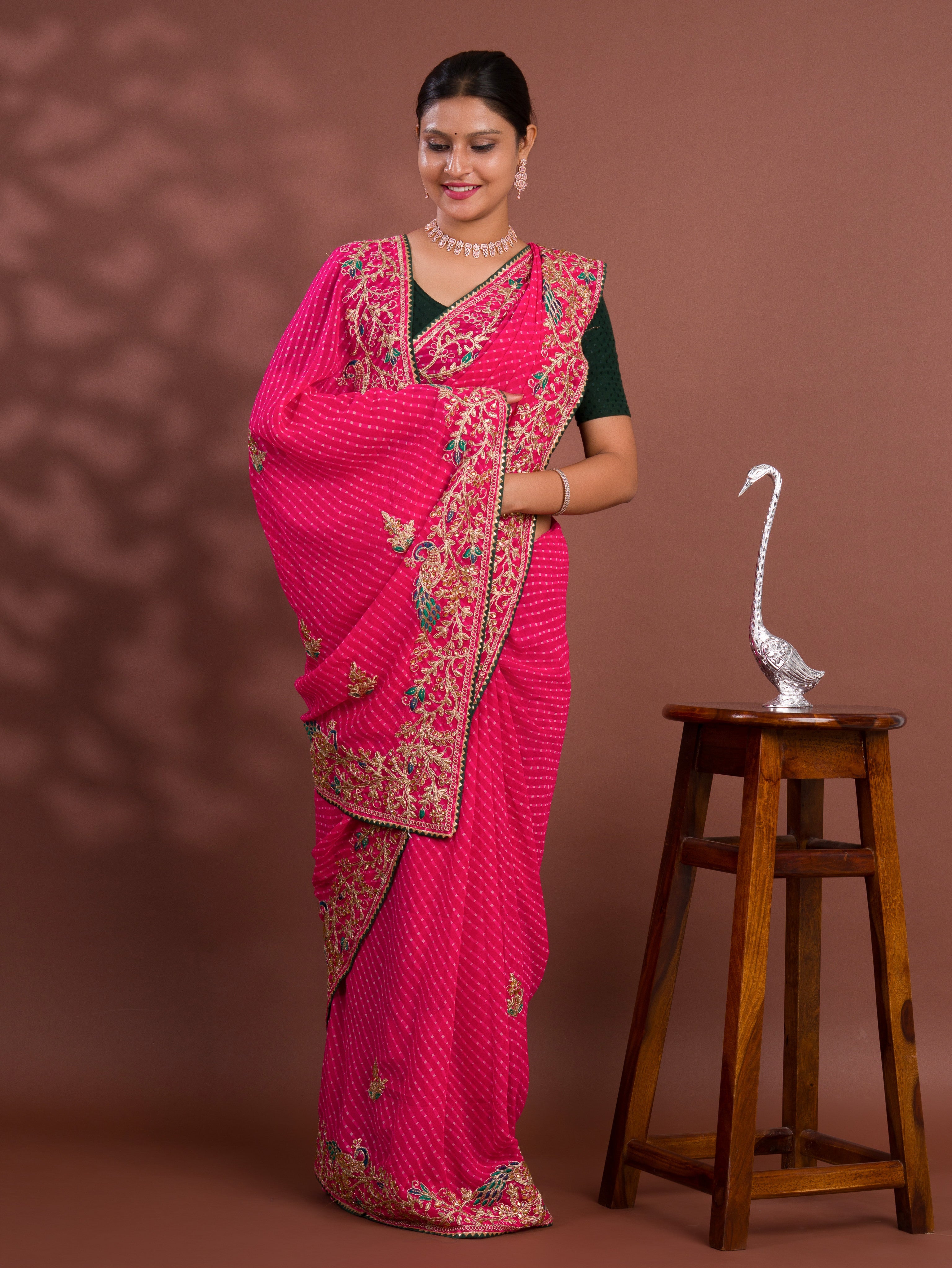 Tanmira Pure Georgette Mothda Leheriya With Beautiful Embroidery Saree