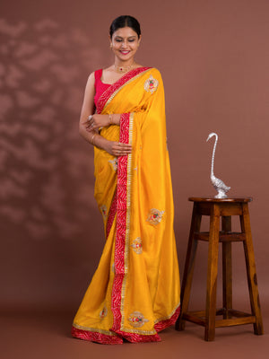 Tissue Silk Bandhej Border Codding Work Saree with gotapati work