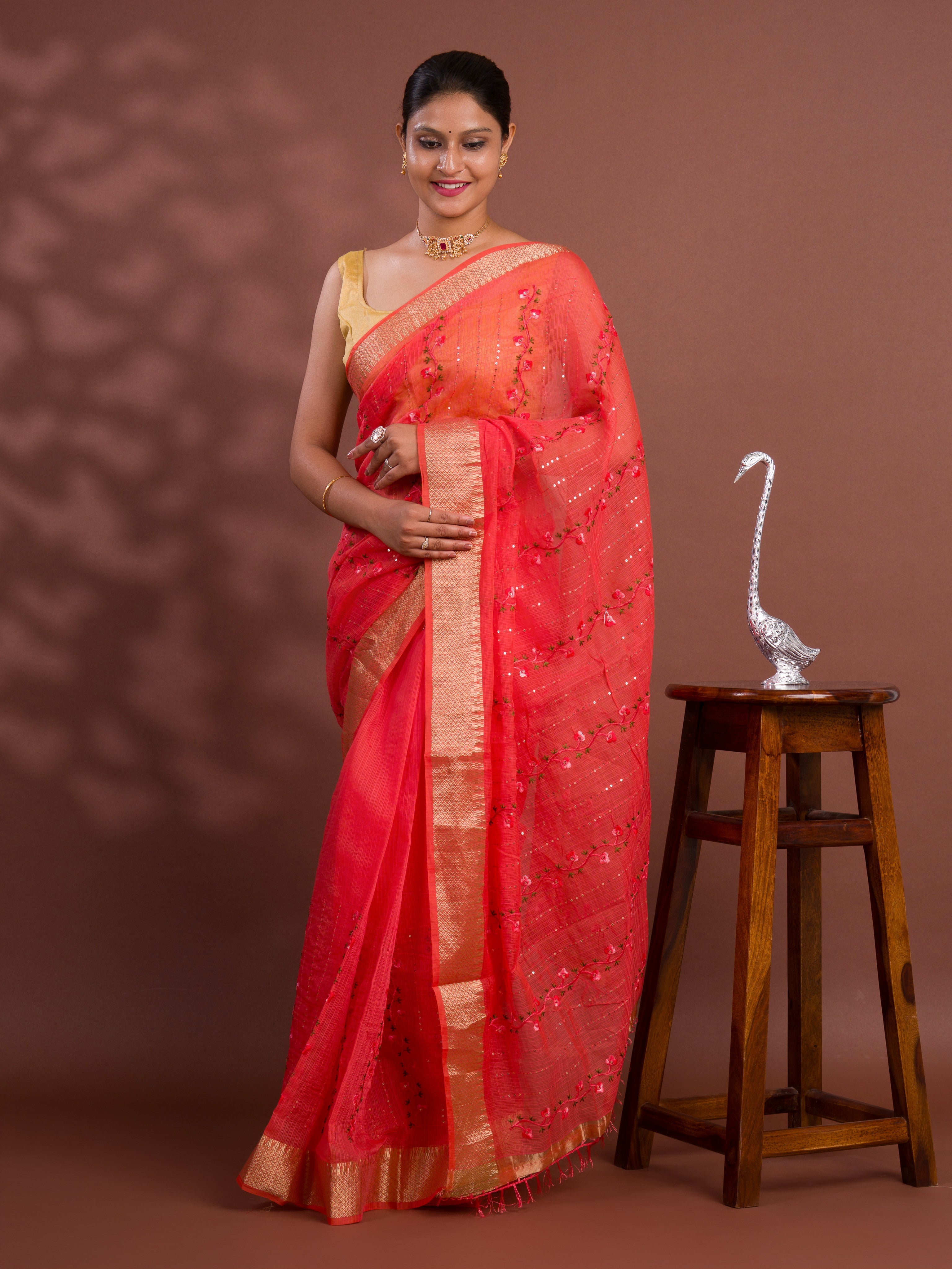 Tanmira Bikaneri Kota Doria Kashida Work Gotapatti Style Saree SNA Orange