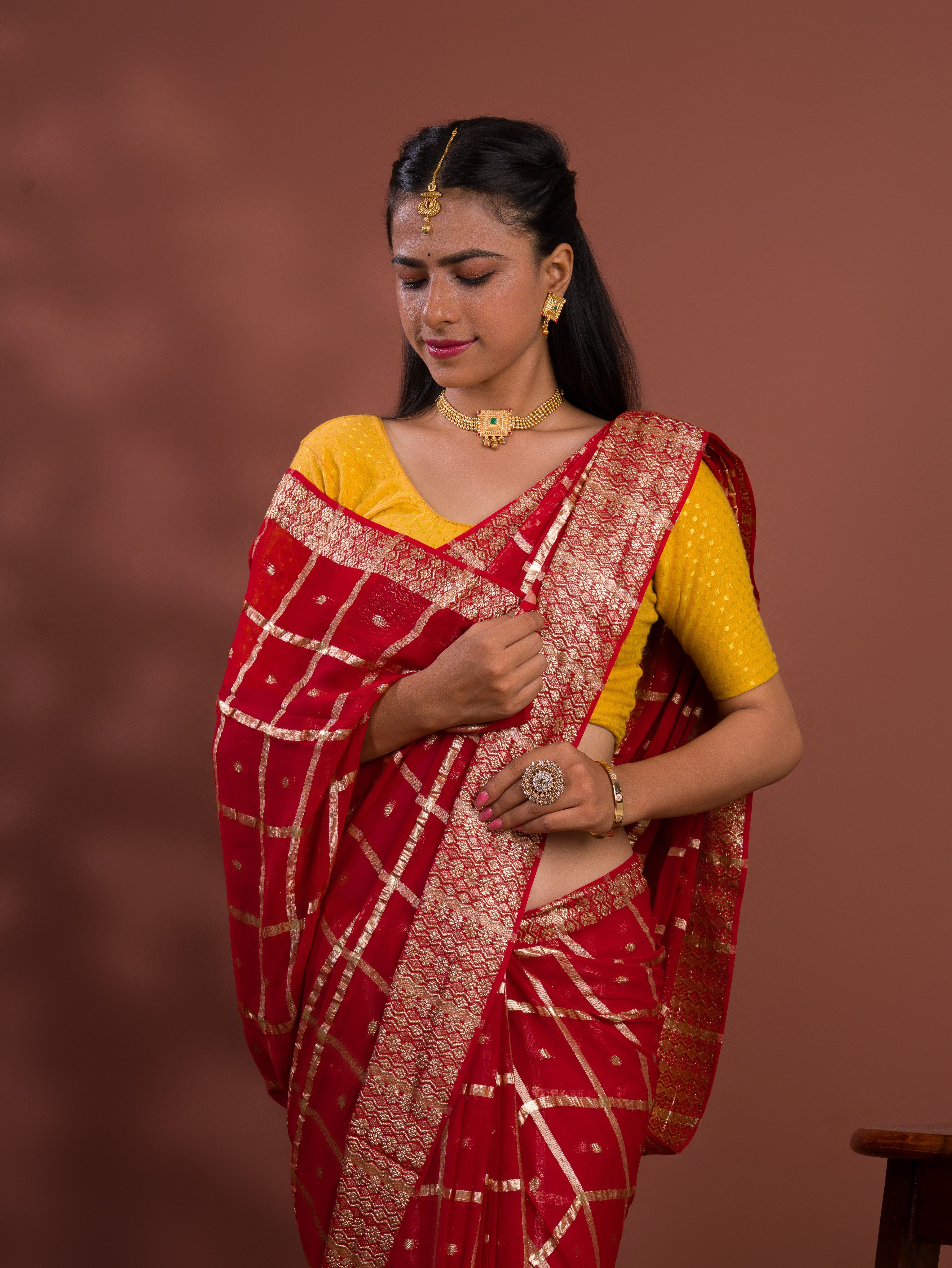 Tanmira Pure Georgette Banarasi Gharchola Red Tone Karwachauth Special Saree KRN