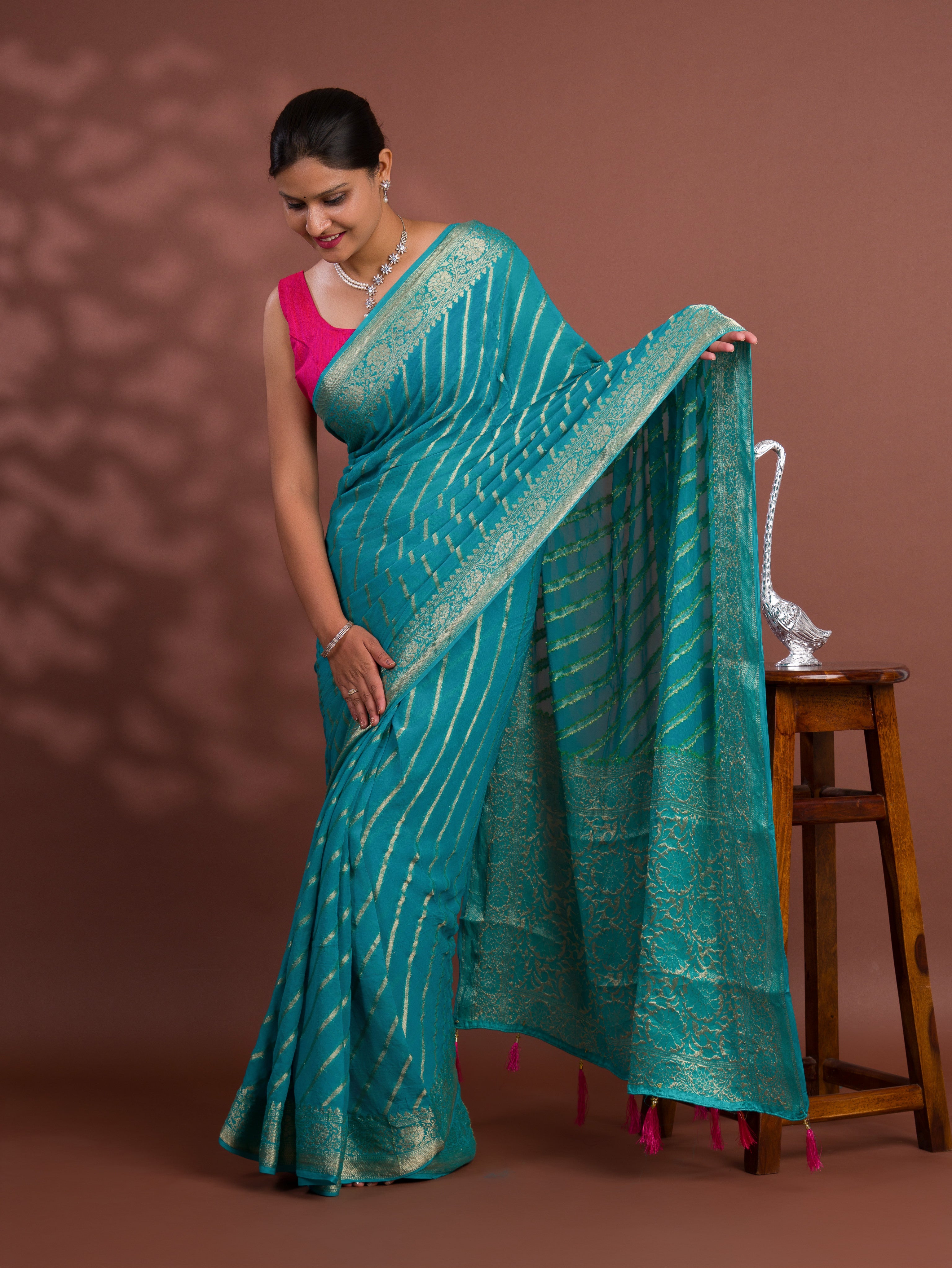 Tanmira New Latest Pure khaddi Georgette Banarasi Handloom Leheriya Zari Weaving Saree MAHA