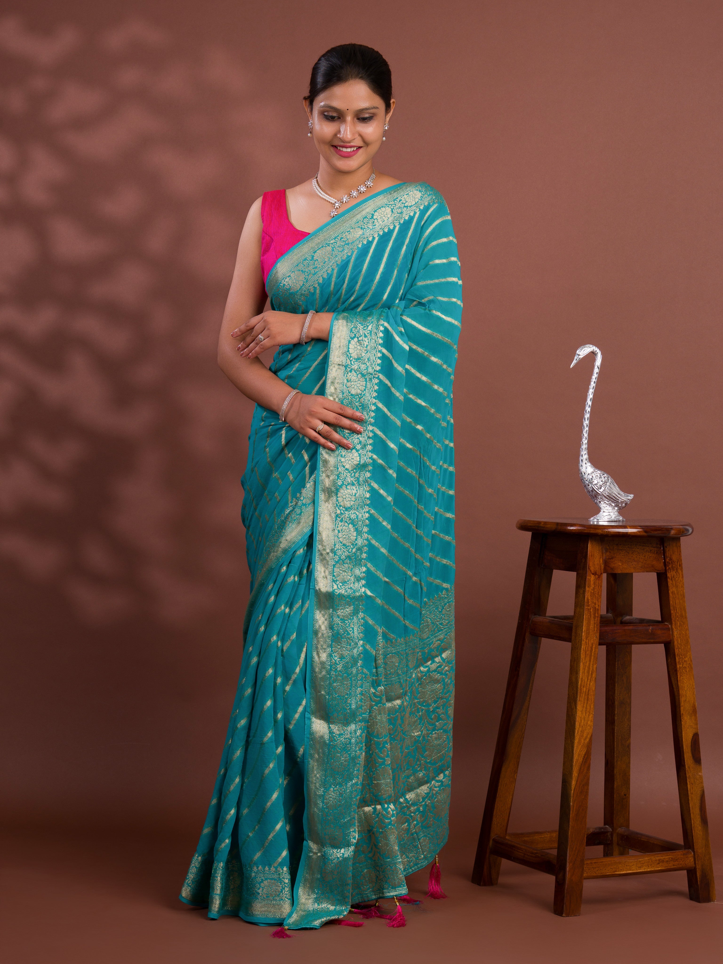 Tanmira New Latest Pure khaddi Georgette Banarasi Handloom Leheriya Zari Weaving Saree MAHA