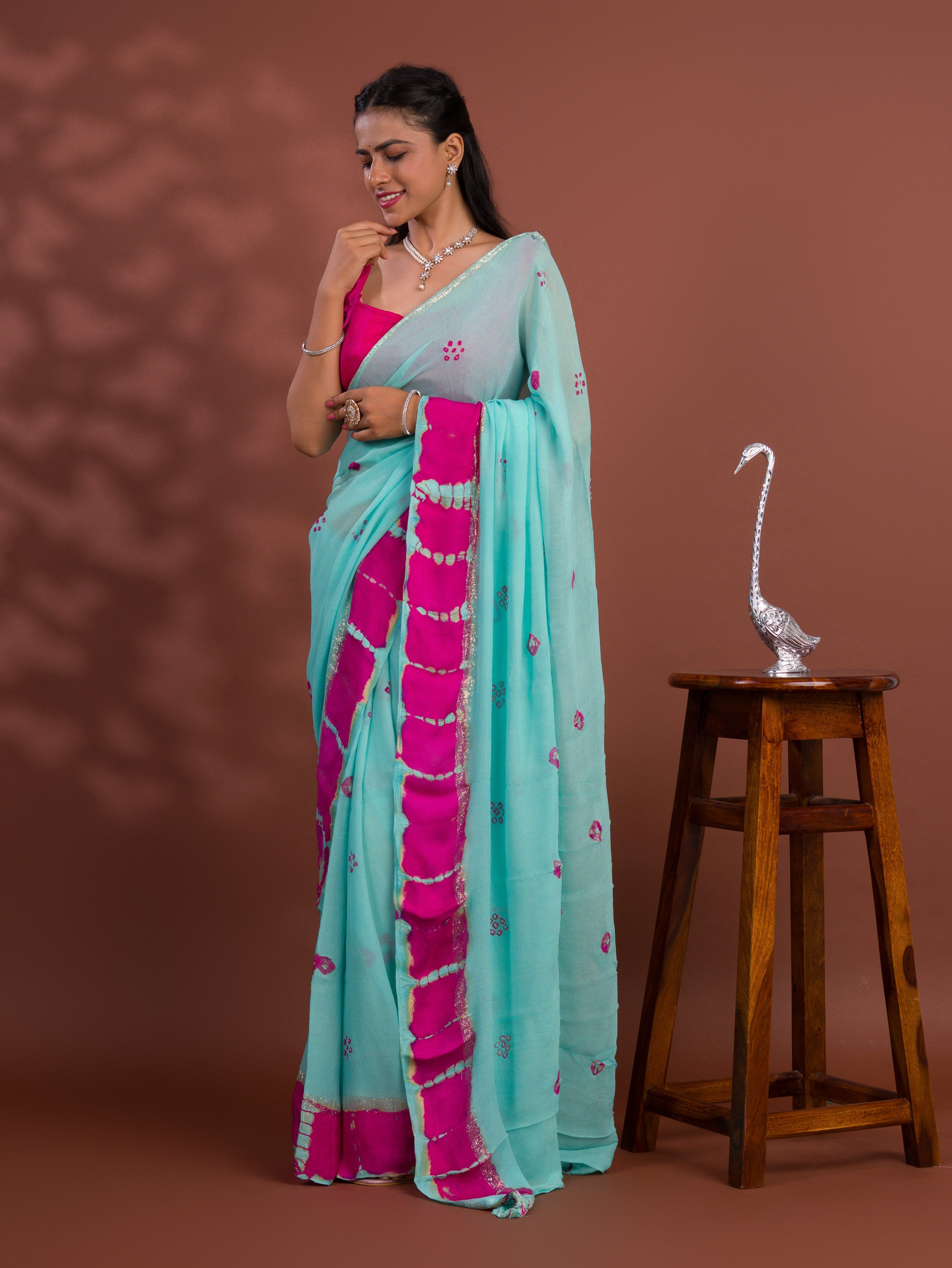 Tanmira Pure Georgette Gulti Bandhej Satin Patta Border Saree RTK