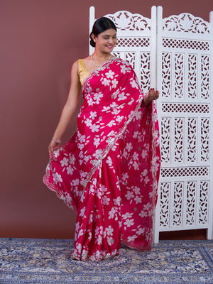 A pink floral saree with white pattern Printed Crepe Silk with Embroidered Mirror Work