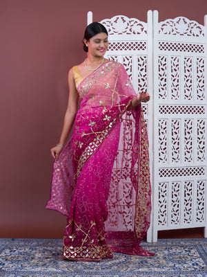 Wine saree with gold patterns Chiffon Bandhani Style With Gotapatti Work Saree