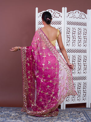 Wine saree with gold patterns Chiffon Bandhani Style With Gotapatti Work Saree