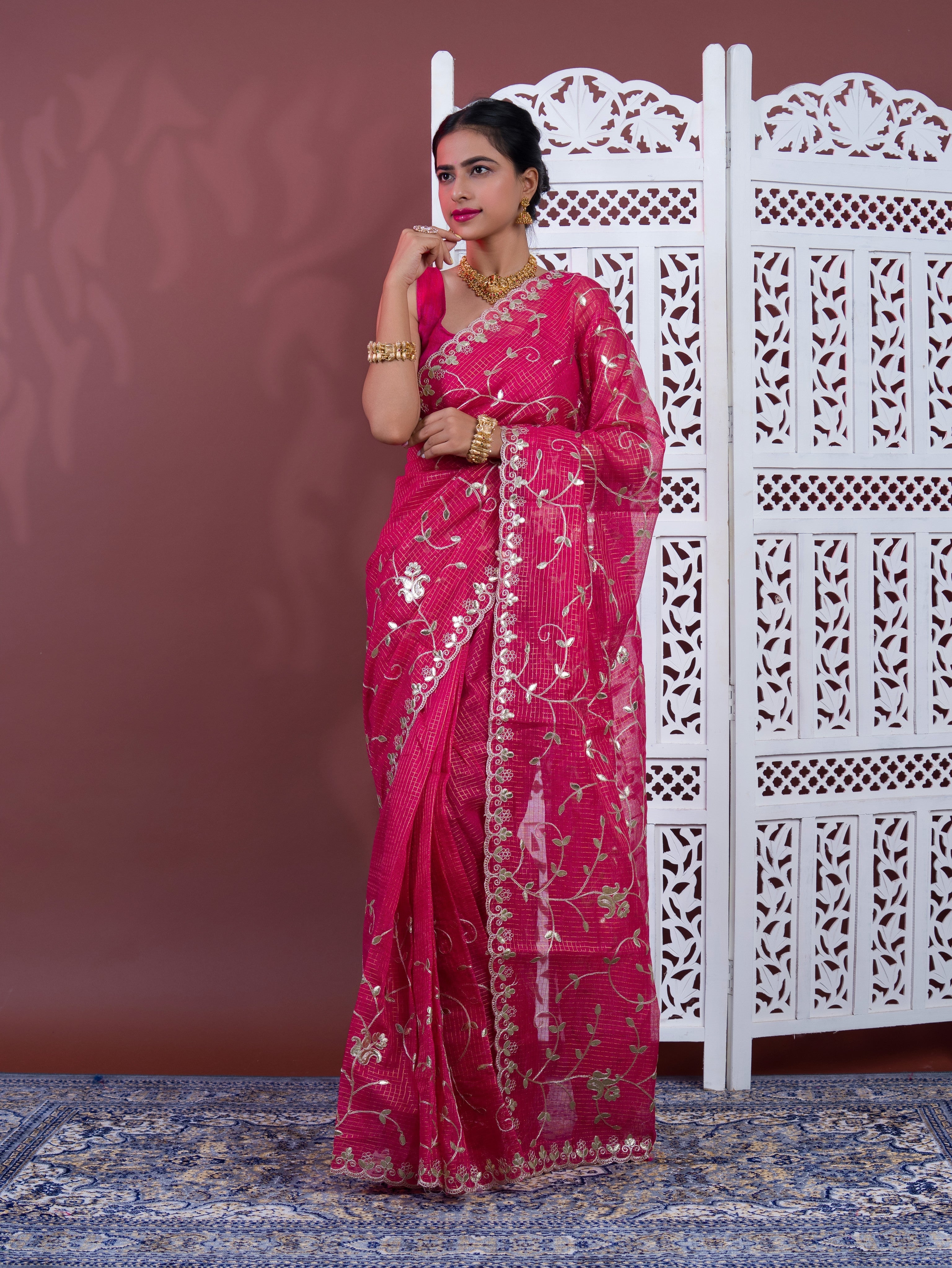A pink saree with white patterns Kota Doriya Gota Patti Work Saree