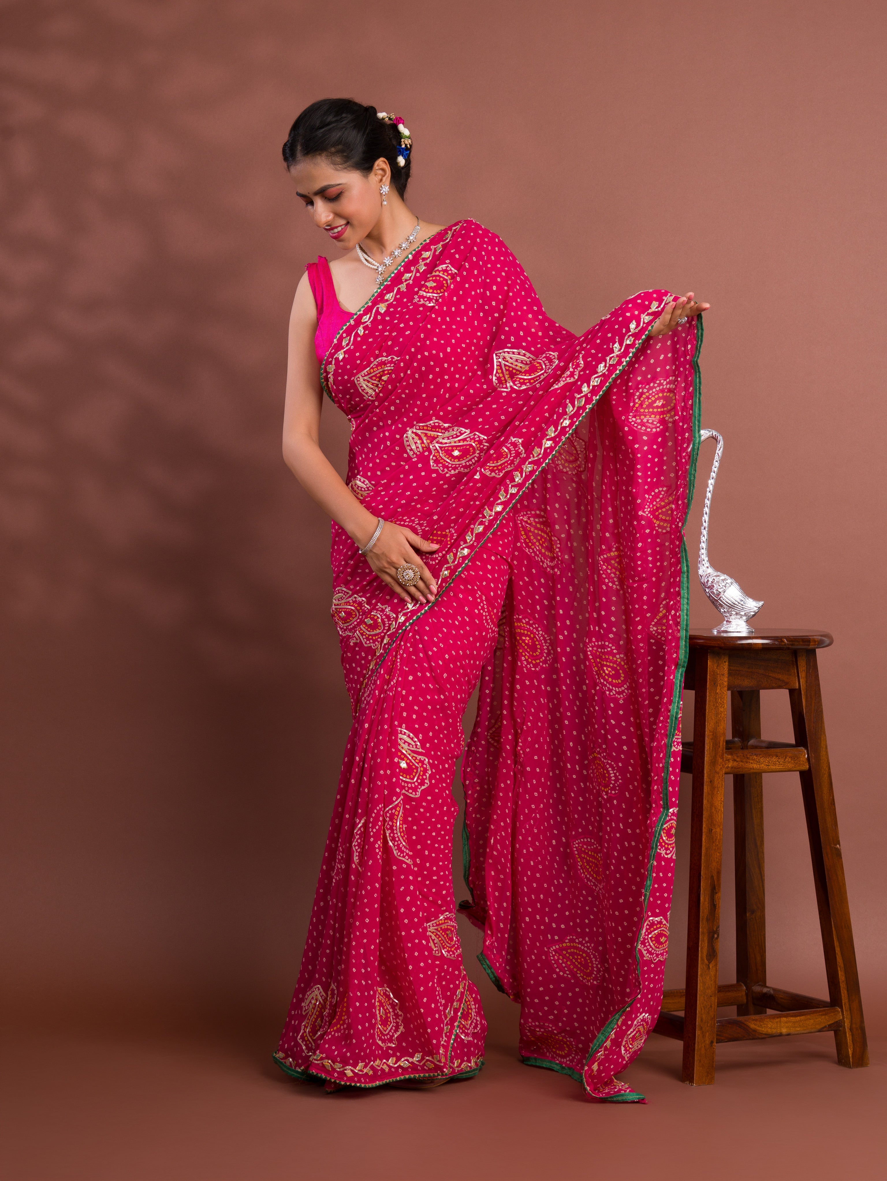 Tanmira New Beautiful Chiffon Bandhani Style With Gotapatti Work Saree MHS