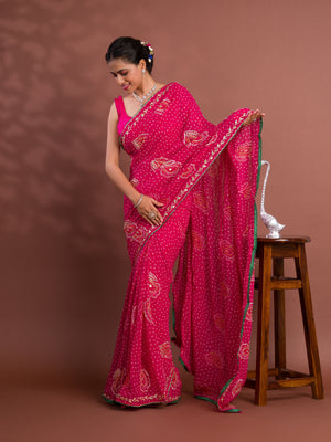 By New Chiffon Bandhani Style With Gotapatti Work Saree
