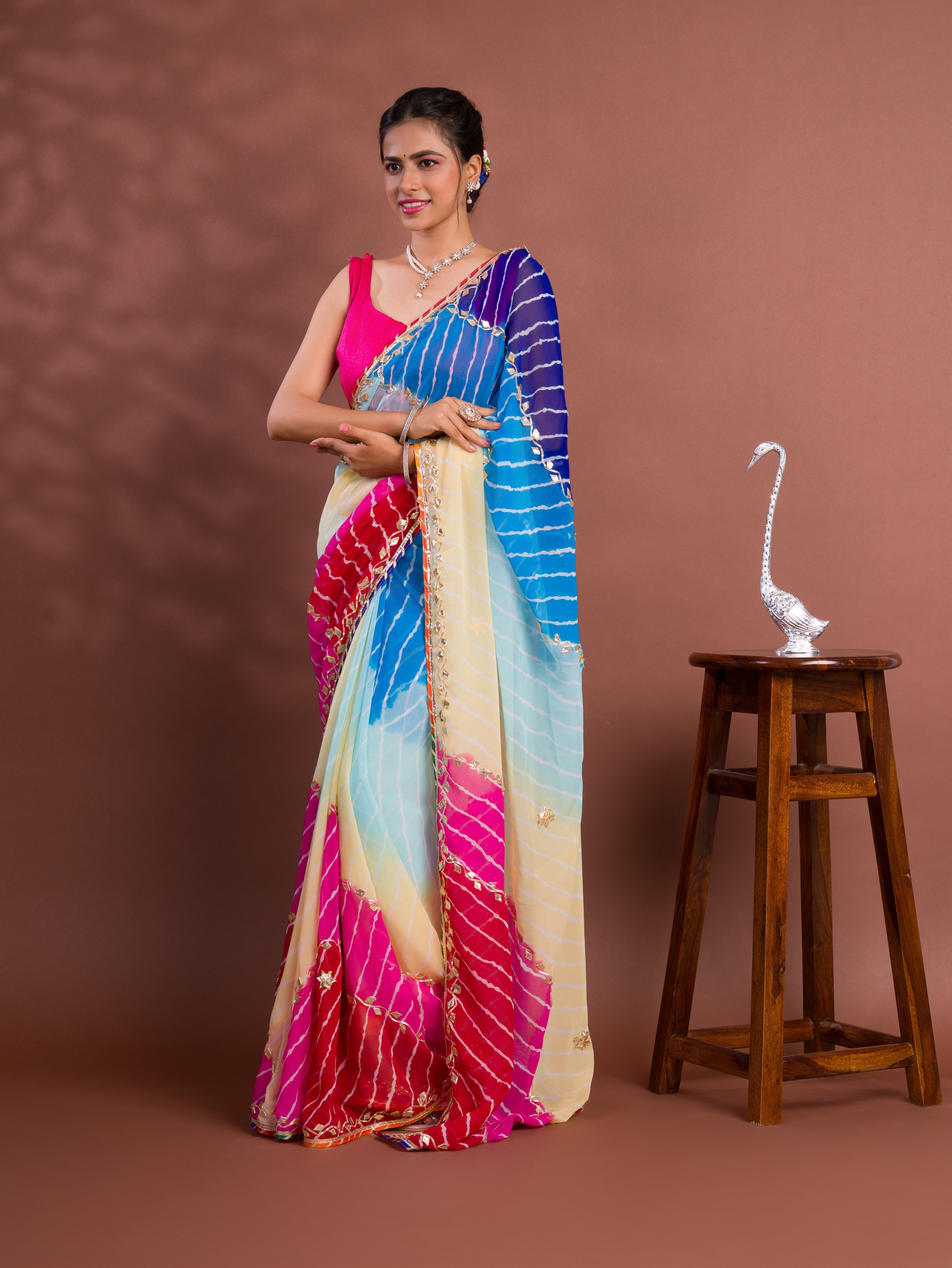 Tanmira New Launch Georgette Multicolour Jaipuri Gotapatti Leheriya Saree MHS