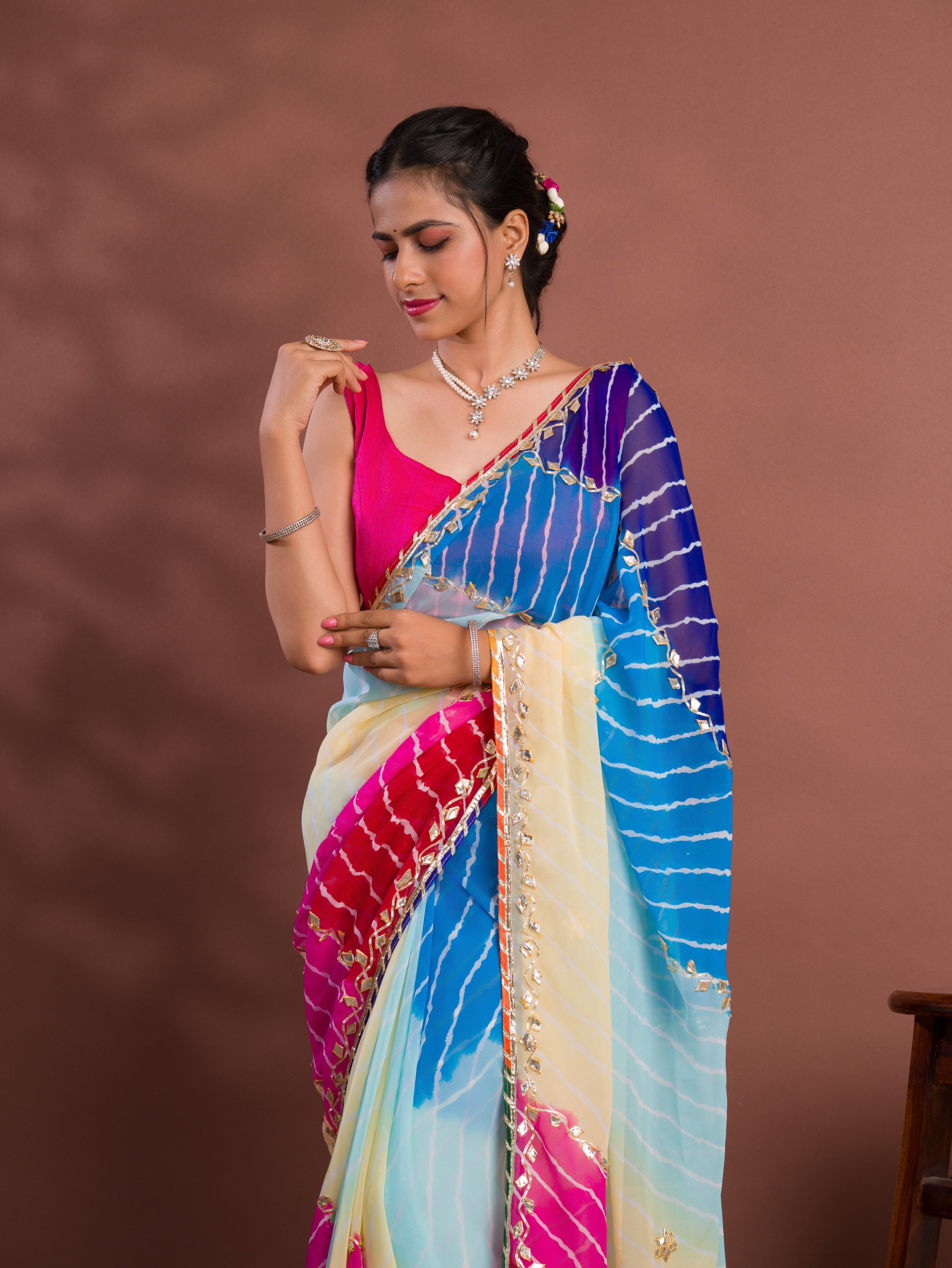 Tanmira New Launch Georgette Multicolour Jaipuri Gotapatti Leheriya Saree MHS