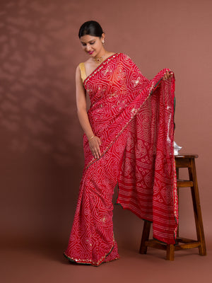 Georgette Bandhani Style With Gotapatti Work Saree in red colour