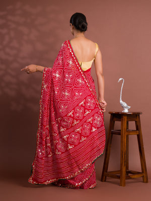 Georgette Bandhani Style With Gotapatti Work Saree in red colour