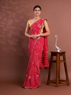 Georgette Bandhani Style With Gotapatti Work Saree in red colour