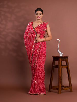 Georgette Bandhani Style With Gotapatti Work Saree in red colour