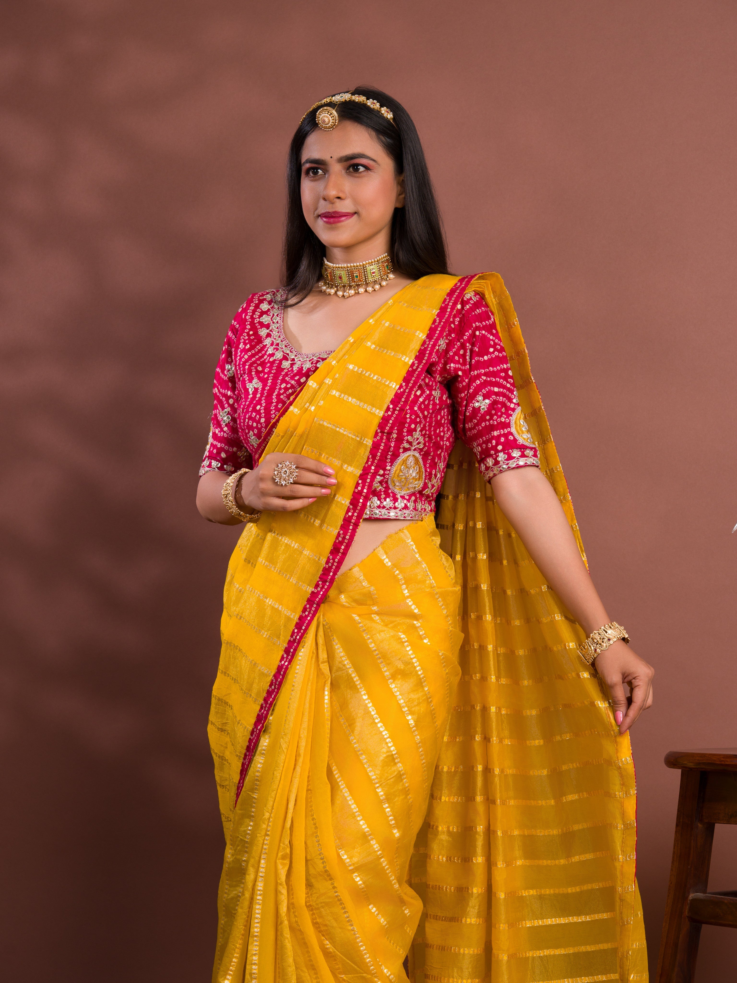 Tanmira Tissue silk Bandhani Border Saree With Heavy Gotapatti Blouse AMT